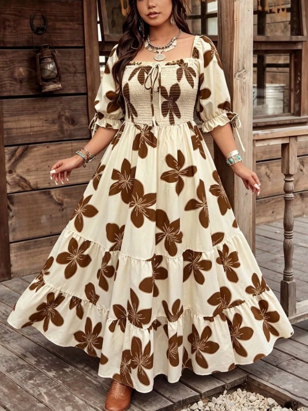 Multicolor Boho Women's Plus Size off shoulder Floral Short Sleeve maxi Dress - Picture 3 of 5